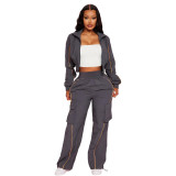 Casual suit with zipper lines, jacket, workwear, pocket, straight leg pants, two-piece set