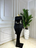 Solid color fashion sexy hollow out navel casual pleated long skirt two-piece set