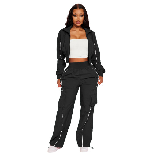 Casual suit with zipper lines, jacket, workwear, pocket, straight leg pants, two-piece set