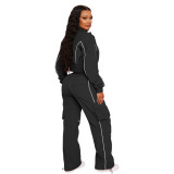 Casual suit with zipper lines, jacket, workwear, pocket, straight leg pants, two-piece set