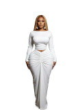 Solid color fashion sexy hollow out navel casual pleated long skirt two-piece set