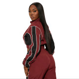 Casual color blocking splicing, zip up waist, zipper top, straight leg pants, pull rope two-piece set