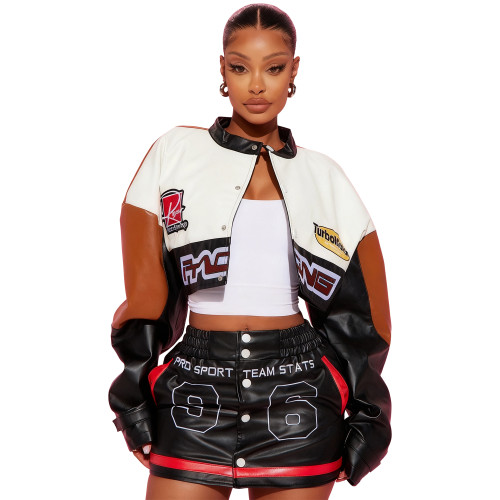 Elastic PU leather positioning printed sexy motorcycle set skirt