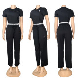 Embroidered Matching Set Short Sleeve Top Double Waistband Long Pants
