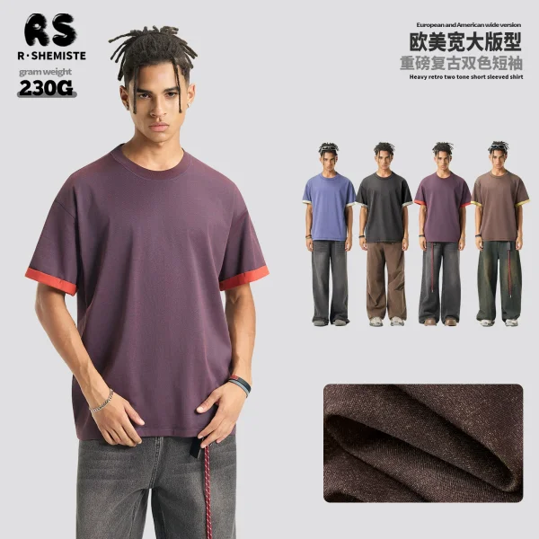 230G Retro Two-Tone Short-Sleeved T-Shirt for Men, Commuting American Style, Unisex Colorblock Layering Top