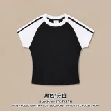 Slim fit elastic spicy girl t-shirt American street retro contrasting striped shoulder short sleeved t-shirt for women