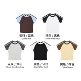 Slim fit elastic spicy girl t-shirt American street retro contrasting striped shoulder short sleeved t-shirt for women