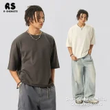 Dragon scale  short sleeved Boxy short width cross-border American 280G heavyweight solid color fringed short sleeved T-shirt for men