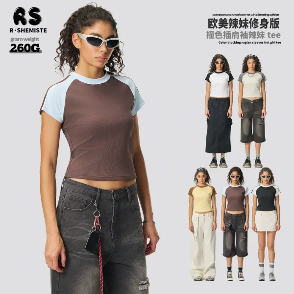 Slim fit elastic spicy girl t-shirt American street retro contrasting striped shoulder short sleeved t-shirt for women