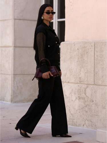 Autumn fashion casual two-piece set with mesh splicing long sleeved top, high waist wide leg pants two-piece set