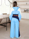 Casual contrasting patch sportswear hooded zipper pocket long sleeved top high waist wide leg pants