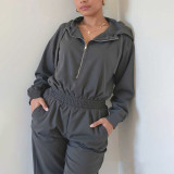 Casual jumpsuit with hat, drawstring design, embedded zipper pocket, long sleeved sports and casual style