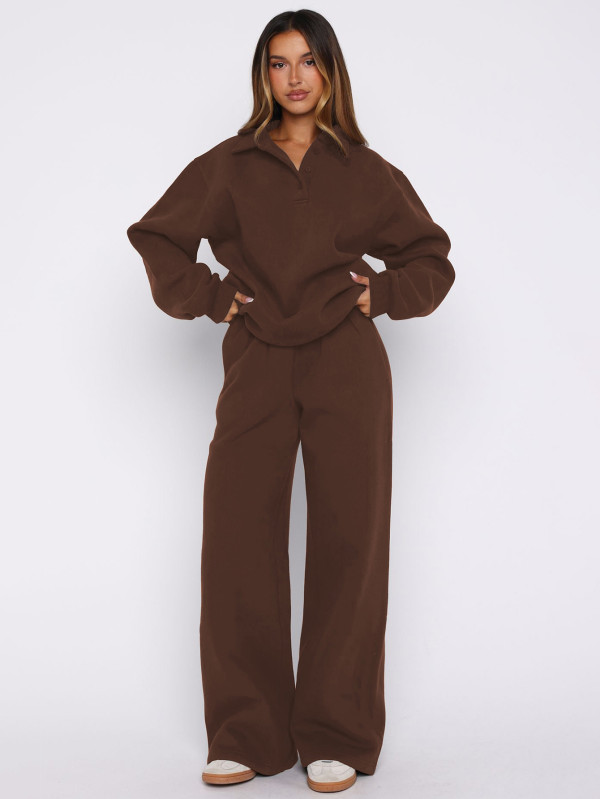 Solid color casual two-piece set, featuring a long sleeved top and a high waisted straight tube