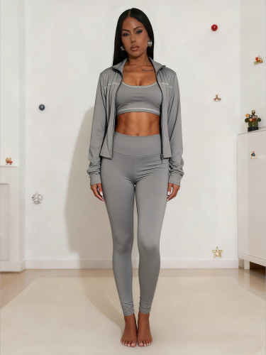 Autumn fashion sportswear 3-piece set: long sleeved zipper top, slim fit vest, high waisted leggings