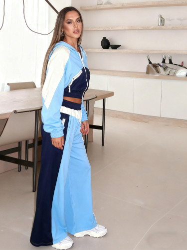 Casual contrasting patch sportswear hooded zipper pocket long sleeved top high waist wide leg pants