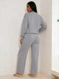 Fashion casual sports suit small V-neck long sleeved top with pockets drawstring wide leg pants solid color two-piece set