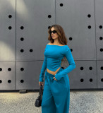 Women's solid color casual strapless long sleeved top, paired with high waisted straight leg pants