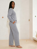 Fashion casual sports suit small V-neck long sleeved top with pockets drawstring wide leg pants solid color two-piece set