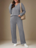 Fashion casual sports suit small V-neck long sleeved top with pockets drawstring wide leg pants solid color two-piece set