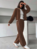 Two piece women's fashionable sportswear with baseball collar, zipper pocket, long sleeved top, high waisted drawstring, wide leg pants