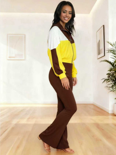 Two piece color blocking casual suit, featuring a zipper long sleeved top and high waisted pants