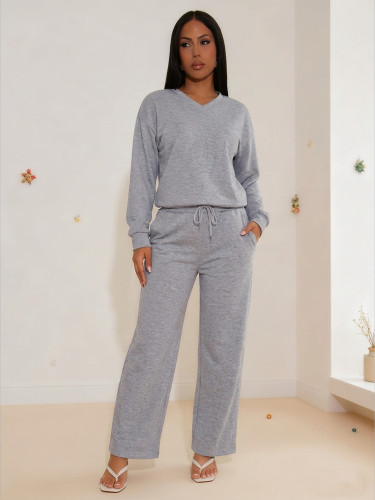 Fashion casual sports suit small V-neck long sleeved top with pockets drawstring wide leg pants solid color two-piece set