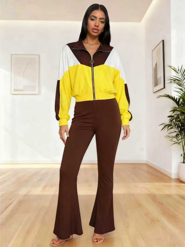 Two piece color blocking casual suit, featuring a zipper long sleeved top and high waisted pants