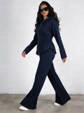 Autumn and Winter Fashion Casual Set Hooded Zipper Long Sleeve Top High Waist Pocket Wide Leg Pants Two Piece Set
