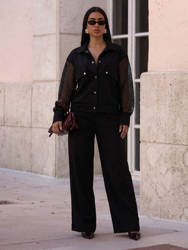 Autumn fashion casual two-piece set with mesh splicing long sleeved top, high waist wide leg pants two-piece set