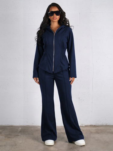 Autumn and Winter Fashion Casual Set Hooded Zipper Long Sleeve Top High Waist Pocket Wide Leg Pants Two Piece Set