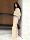 Fashion color blocking casual suit, artificial two-piece high waisted drawstring straight leg pants set