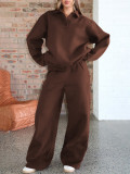Solid color casual two-piece set, featuring a long sleeved top and a high waisted straight tube