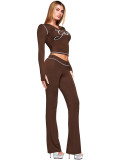 Printed hooded long-sleeved thumb-loop micro-flare two-piece set