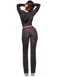 Leopard print hooded long sleeved thumb button micro horn two-piece set
