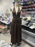 Chic V-neck long dress with sexy slit,褶皱, and backless design