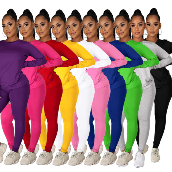 Autumn and winter round neck solid color long sleeved sweatshirt sports suit
