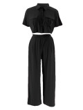 Fashion collar short sleeved high waisted wide leg pants fashion set