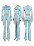 Printed hooded long-sleeved thumb-loop micro-flare two-piece set