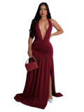 Chic V-neck long dress with sexy slit,褶皱, and backless design