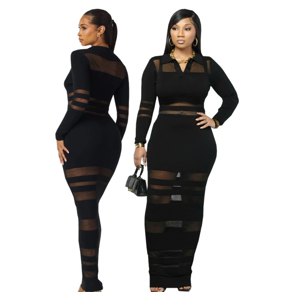 High-end sheer mesh-paneled autumn/winter figure-hugging bodycon waist-slimming slimming maxi dress