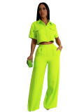 Fashion collar short sleeved high waisted wide leg pants fashion set