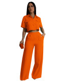 Fashion collar short sleeved high waisted wide leg pants fashion set