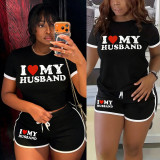 Valentine's Day letter print set women's black and white contrasting short sleeved T-shirt drawstring shorts two-piece set