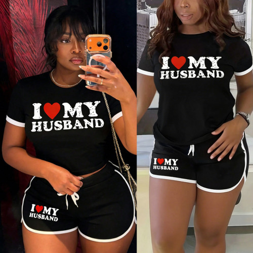 Valentine's Day letter print set women's black and white contrasting short sleeved T-shirt drawstring shorts two-piece set