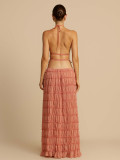 Spring and summer vacation style neck hanging set, women's pure desire pleated camisole top+half length skirt two-piece set