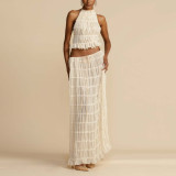 Spring and summer vacation style neck hanging set, women's pure desire pleated camisole top+half length skirt two-piece set