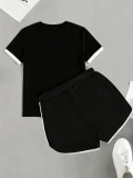 Valentine's Day letter print set women's black and white contrasting short sleeved T-shirt drawstring shorts two-piece set