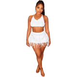 Spring and Summer New Arrival Knit Crochet Tassel Tie-Up Cut-Out Off-Shoulder Sexy Set