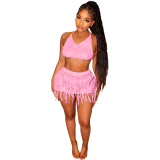Spring and Summer New Arrival Knit Crochet Tassel Tie-Up Cut-Out Off-Shoulder Sexy Set
