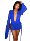 Mesh see through deep V-neck, backless flared sleeves, hip hugging skirt, dress